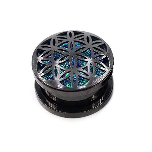 BlackAmazement 316L Edelstahl Flesh Ohr Tunnel Plug Inlay Piercing Blume des Lebens Ornament silber schwarz grün Herren Damen (Farbe Schwarz - Ø 08mm - 1 Stück) von BlackAmazement