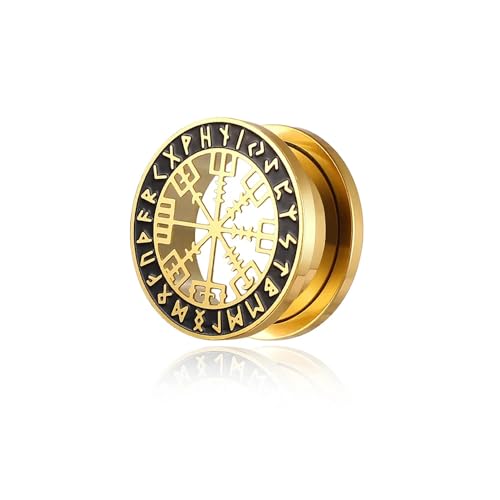 BlackAmazement 316L Edelstahl Flesh Ohr Tunnel Plug Piercing Vegvisir Aegishjalmur Aegishjalmr Wikinger Symbol Schreckenshelm Runen Kreis schwarz silber Biker Herren (Farbe Gold - Ø 08mm - 1 Stück) von BlackAmazement