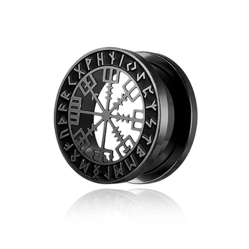 BlackAmazement 316L Edelstahl Flesh Ohr Tunnel Plug Piercing Vegvisir Aegishjalmur Aegishjalmr Wikinger Symbol Schreckenshelm Runen Kreis schwarz silber Biker Herren (Farbe Schwarz - Ø 08mm - 1 Stück) von BlackAmazement