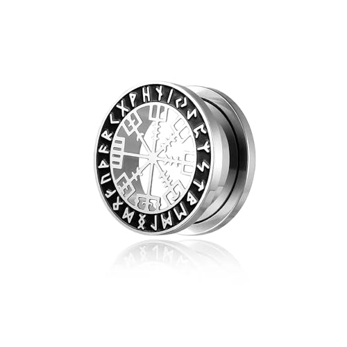 BlackAmazement 316L Edelstahl Flesh Ohr Tunnel Plug Piercing Vegvisir Aegishjalmur Aegishjalmr Wikinger Symbol Schreckenshelm Runen Kreis schwarz silber Biker Herren (Farbe Silber - Ø 12mm - 1 Stück) von BlackAmazement