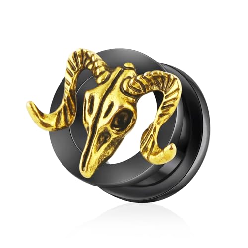 BlackAmazement 316L Edelstahl Flesh Ohr Tunnel Plug Piercing Widder Schädel Skull Schwarz Gold Biker Herren Damen (Ø 06mm - 1 Stück) von BlackAmazement