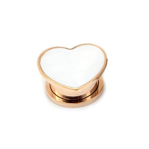 BlackAmazement 316L Edelstahl Flesh Tunnel Plug Piercing Muschel Shell Inlay Herz Form Heart Shape Rosegold weiß rosa Damen (10mm - 1 Stück) von BlackAmazement