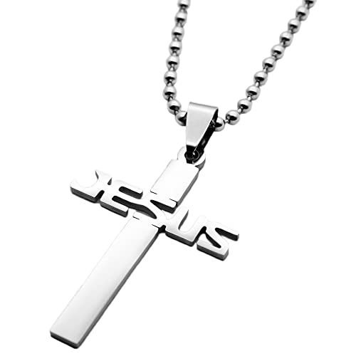 BlackAmazement 316L Edelstahl Halskette Anhänger Kreuz Jesus Schriftzug Kugelkette silber Damen Herren von BlackAmazement