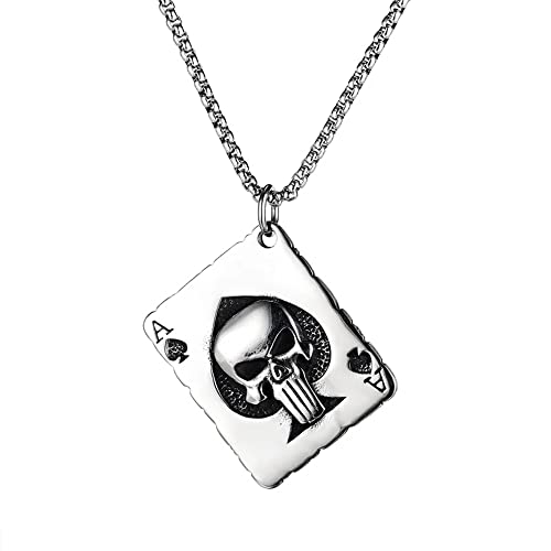 BlackAmazement 316L Edelstahl Halskette Anhänger Massiv Pik Ass Totenkopf Schädel Death Skull Lichtblitz silber schwarz Herren von BlackAmazement