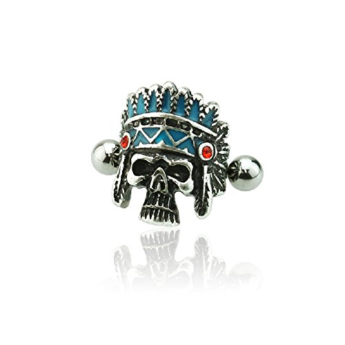 BlackAmazement 316L Edelstahl Helix Cuff Piercing Tragus Ohr Skull Totenkopf Indianer Zirkonia CZ Silber Gold türkis Herren Damen (Antik Silber/Türkis) von BlackAmazement