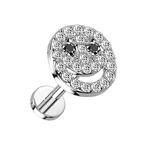 BlackAmazement 316L Edelstahl Labret Monroe Tragus Helix Ohrstecker Emoji Smilie Smiley 6mm 8mm Zirkonia Kristall CZ Silber Damen (Farbe Silber - Stablänge 6mm) von BlackAmazement