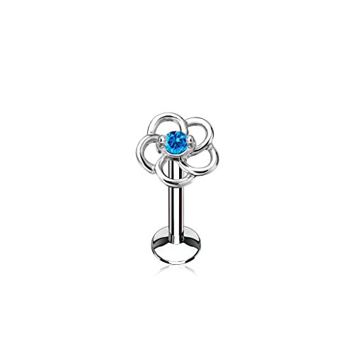 BlackAmazement 316L Edelstahl Labret Monroe Tragus Helix Ohrstecker Flower Blume Blüte Freigestellt Zirkonia CZ Silber Rose Gold pink Aqua Damen (Farbe Aqua - Stablänge 6 mm) von BlackAmazement