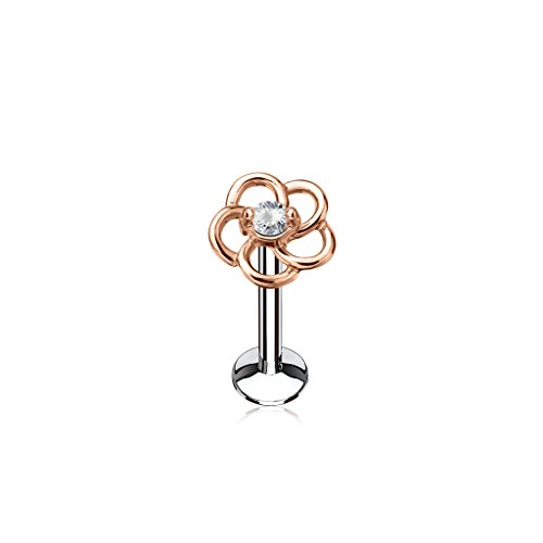 BlackAmazement 316L Edelstahl Labret Monroe Tragus Helix Ohrstecker Flower Blume Blüte Freigestellt Zirkonia CZ Silber Rose Gold pink Aqua Damen (Farbe Rosegold - Stablänge 8 mm) von BlackAmazement