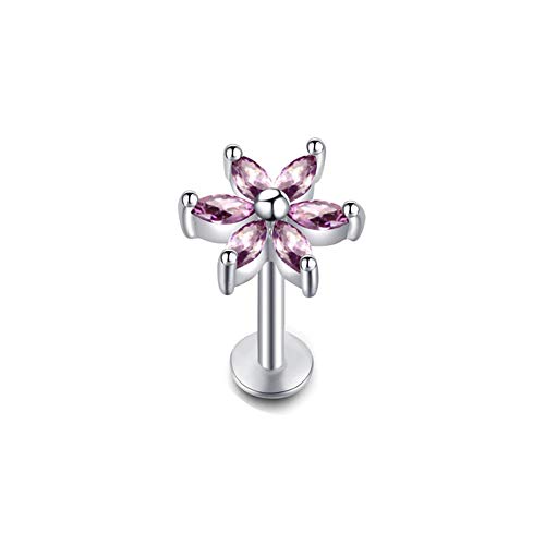 BlackAmazement 316L Edelstahl Labret Monroe Tragus Helix Ohrstecker Flower Blume Blüte Zirkonia CZ Silber Klar Rosa Schwarz Lila Rot Herren Damen (Lila) von BlackAmazement