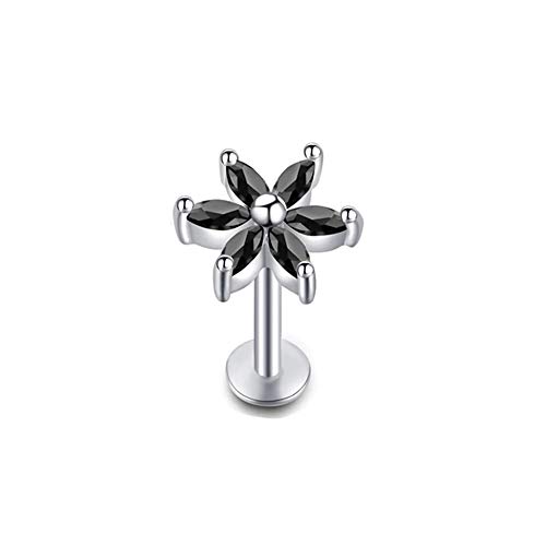 BlackAmazement 316L Edelstahl Labret Monroe Tragus Helix Ohrstecker Flower Blume Blüte Zirkonia CZ Silber Klar Rosa Schwarz Lila Rot Herren Damen (Schwarz) von BlackAmazement