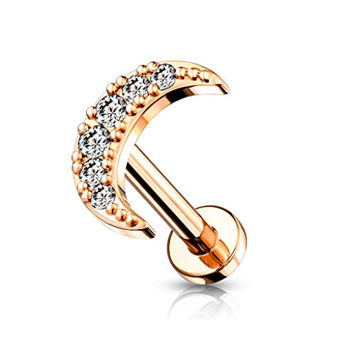BlackAmazement 316L Edelstahl Labret Monroe Tragus Helix Ohrstecker Halbmond Mond Crescent Sichel 6mm 8mm Zirkonia CZ Rose Gold Silber Damen (Farbe Rosegold - Stablänge 6mm) von BlackAmazement