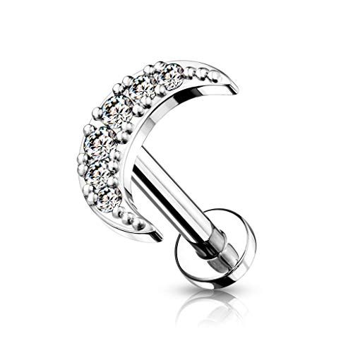 BlackAmazement 316L Edelstahl Labret Monroe Tragus Helix Ohrstecker Halbmond Mond Crescent Sichel 6mm 8mm Zirkonia CZ Rose Gold Silber Damen (Farbe Silber - Stablänge 8mm) von BlackAmazement