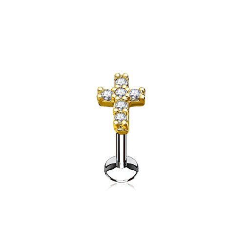 BlackAmazement 316L Edelstahl Labret Monroe Tragus Helix Ohrstecker Kreuz Cross Zirkonia CZ Silber Rose Gold Damen (Fabe Gold - Stablänge 6 mm) von BlackAmazement