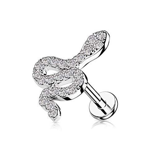 BlackAmazement 316L Edelstahl Labret Monroe Tragus Helix Ohrstecker Schlange Snake 6mm 8mm Zirkonia CZ schwarz gold silber Damen (Farbe Silber - Stablänge 8mm) von BlackAmazement