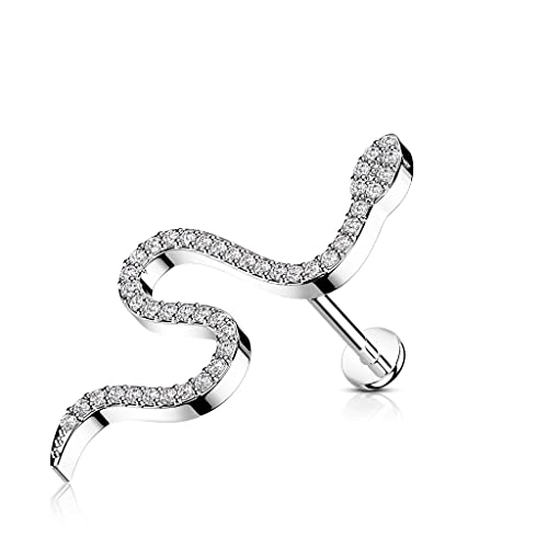 BlackAmazement 316L Edelstahl Labret Monroe Tragus Helix Ohrstecker Schlange Snake groß 6mm 8mm Zirkonia CZ schwarz gold silber Damen (Farbe Silber - Stablänge 6mm) von BlackAmazement