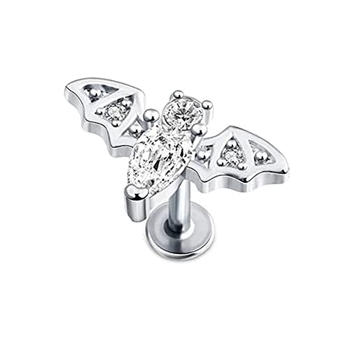 BlackAmazement 316L Edelstahl Labret Ohrstecker Helix Monroe Piercing Fledermaus Bat Zirkonia CZ Silber Rose Gold Gothic Damen (Farbe Silber - Stablänge 6mm) von BlackAmazement