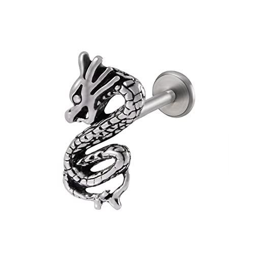 BlackAmazement 316L Edelstahl Labret Ohrstecker Tragus Helix Monroe Piercing Drache Dragon Silber Biker Damen Herren (Stablänge 6mm) von BlackAmazement
