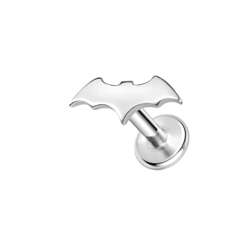 BlackAmazement 316L Edelstahl Labret Ohrstecker Tragus Helix Monroe Piercing Fledermaus Bat Silber Schwarz 6mm 8mm Damen Herren (Farbe Silber - Stablänge 6mm) von BlackAmazement