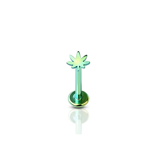 BlackAmazement 316L Edelstahl Labret Ohrstecker Tragus Helix Monroe Piercing Hanfblatt Pot Leaf Weed Silber Gold Grün 6mm 8mm Damen Herren (Farbe Grün - Stablänge 6mm) von BlackAmazement