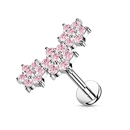 BlackAmazement 316L Edelstahl Labret Tragus Helix Ohrstecker Triple Flower Blume Blüte 6mm 8mm Zirkonia CZ rose gold silber rosa aqua regenbogen Damen (Farbe: Rosa - Stablänge 8mm) von BlackAmazement