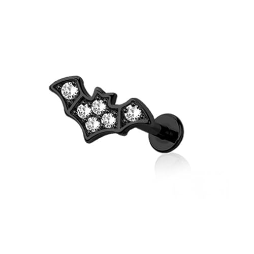 BlackAmazement 316L Edelstahl Piercing Labret Helix Tragus Monroe Cartilage Ohrstecker Push In 8mm Fledermaus Bat Zirkonia Gem CZ Gold Schwarz Gothic Biker Damen (Schwarz) von BlackAmazement