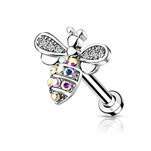 BlackAmazement 316L Edelstahl Piercing Labret Monroe Cartilage Tragus Helix Ohrstecker Biene Bee Zirkonia CZ Silber Rose Gold Damen (Farbe Silber - Stablänge 6 mm) von BlackAmazement