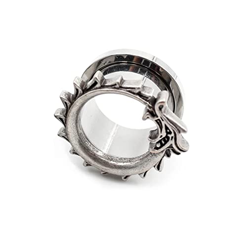 BlackAmazement 316L Edelstahl Plug Flesh Tunnel Inlay Piercing Ouroboros Schlange Drache silber Wikinger Kelten Biker Damen Herren (Ø 12mm - 1 Stück) von BlackAmazement