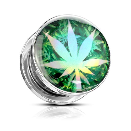 BlackAmazement 316L Edelstahl Plug Flesh Tunnel Inlay Piercing Hanfblatt Hanf Cannabis Pot Leaf Weed Hologramm Holografie grün Silber Damen Herren (Durchmesser 08 mm - 1 Stück) von BlackAmazement