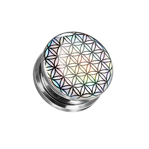 BlackAmazement 316L Edelstahl Plug Flesh Tunnel Inlay Piercing Lebensblume Blume des Lebens Harmonie Hologramm Holografie mehrfarbig schimmernd Silber Damen Herren (Modell_A - Ø 06mm - 1 Stück) von BlackAmazement