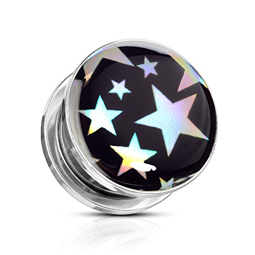 BlackAmazement 316L Edelstahl Plug Flesh Tunnel Inlay Piercing Stern Star Hologramm Holografie Mehrfarbig schwarz Silber Damen Herren (10mm - 1 Stück) von BlackAmazement