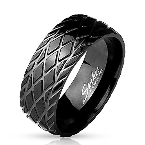 BlackAmazement 316L Edelstahl Ring Diamantschliff gerillt Reifenprofil Profil Schrauber Biker Schwarz Herren (68 (21,6)) von BlackAmazement