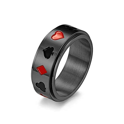 BlackAmazement 316L Edelstahl Ring Drehring Spinner Karten Farben Poker Zocker Pik Kreuz Karo Herz silber rot schwarz gold Herren (Schwarz, 68 (21,6)) von BlackAmazement