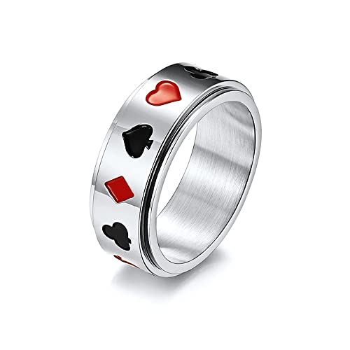 BlackAmazement 316L Edelstahl Ring Drehring Spinner Karten Farben Poker Zocker Pik Kreuz Karo Herz silber rot schwarz gold Herren (Silber, 60 (19,1)) von BlackAmazement