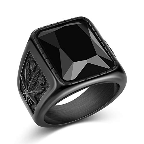 BlackAmazement 316L Edelstahl Ring Hanf Blatt Weed Hemp Gras CZ Prong Schwarz Punk Herren (55 (17.5)) von BlackAmazement