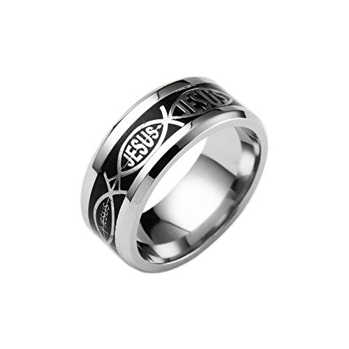 BlackAmazement 316L Edelstahl Ring Jesus Ichthys Fisch Christentum Gold blau Silber schwarz Herren Damen (Black, 55 (17.5)) von BlackAmazement