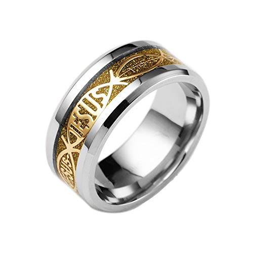 BlackAmazement 316L Edelstahl Ring Jesus Ichthys Fisch Christentum Gold blau Silber schwarz Herren Damen (Gold, 63 (20.1)) von BlackAmazement