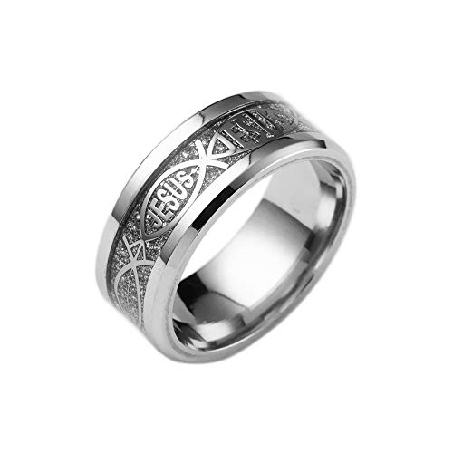 BlackAmazement 316L Edelstahl Ring Jesus Ichthys Fisch Christentum Gold blau Silber schwarz Herren Damen (Silber, 65 (20.7)) von BlackAmazement