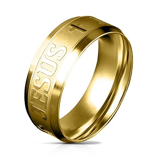 BlackAmazement 316L Edelstahl Ring Jesus und Kreuz Stufenkante Comfort Fit silber rose gold Herren Damen (Gold, 63 (20.1)) von BlackAmazement