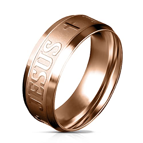 BlackAmazement 316L Edelstahl Ring Jesus und Kreuz Stufenkante Comfort Fit silber rose gold Herren Damen (Rosegold, 57 (18.1)) von BlackAmazement