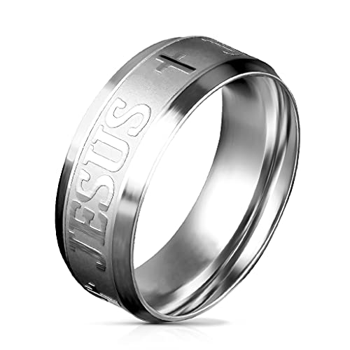 BlackAmazement 316L Edelstahl Ring Jesus und Kreuz Stufenkante Comfort Fit silber rose gold Herren Damen (Silber, 52 (16.6)) von BlackAmazement