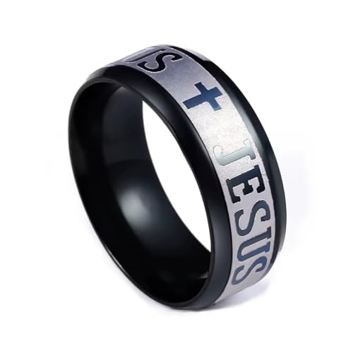 BlackAmazement 316L Edelstahl Ring Jesus und Kreuz Stufenkante Comfort Fit silber rose gold schwarz Herren Damen (Schwarz/Silber, 57 (18,1)) von BlackAmazement