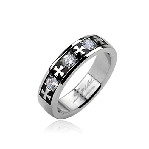 BlackAmazement 316L Edelstahl Ring Kreuz Cross Triple Zirkonia CZ Silber Schwarz Damen Herren (55 (17.5)) von BlackAmazement