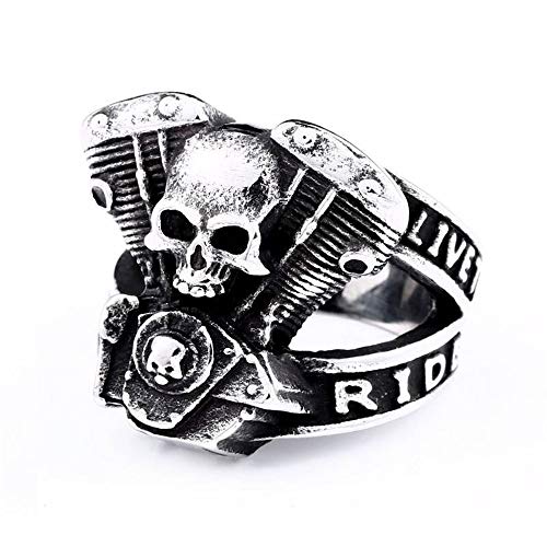 BlackAmazement 316L Edelstahl Ring Live to Ride Ghost Rider Totenkopf Zylinder V Motor Skull Silber Schwarz Biker Herren (60 (19.1)) von BlackAmazement