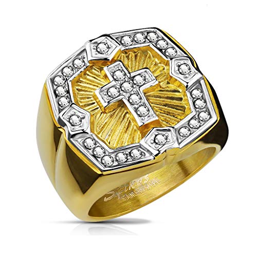 BlackAmazement 316L Edelstahl Ring Massiv Klunker Gold besetzt mit klaren Zirkonia Klerus Kreuz Herren (63 (20.1)) von BlackAmazement