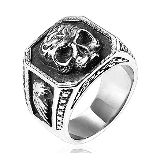 BlackAmazement 316L Edelstahl Ring Massiv Totenkopf Skull Adler Silber schwarz Schild Biker Herren (55 (17.5)) von BlackAmazement