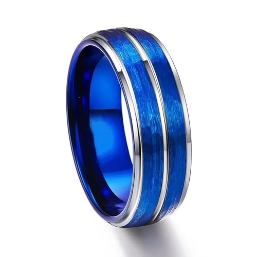 BlackAmazement 316L Edelstahl Ring Nut Vertiefung Streifen 52-71 blau schwarz silber 8mm Herren Damen (Silber/Blau, 52 (16,6)) von BlackAmazement