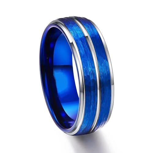 BlackAmazement 316L Edelstahl Ring Nut Vertiefung Streifen 52-71 blau schwarz silber 8mm Herren Damen (Silber/Blau, 55 (17,5)) von BlackAmazement