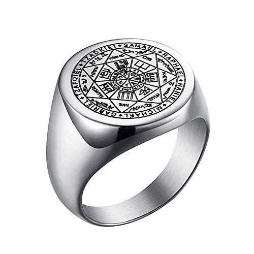 BlackAmazement 316L Edelstahl Ring Siegel der sieben Erzengel Siegelring Rund Silber Damen Herren (68 (21.6)) von BlackAmazement