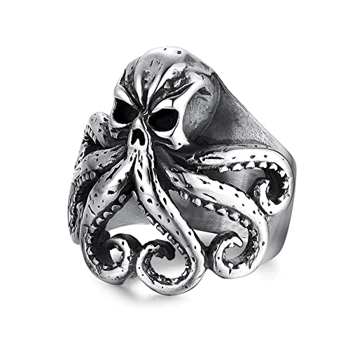 BlackAmazement 316L Edelstahl Ring Totenkopf Oktopus Krake Skull Schädel silber schwarz Biker Herren (63 (20,1)) von BlackAmazement