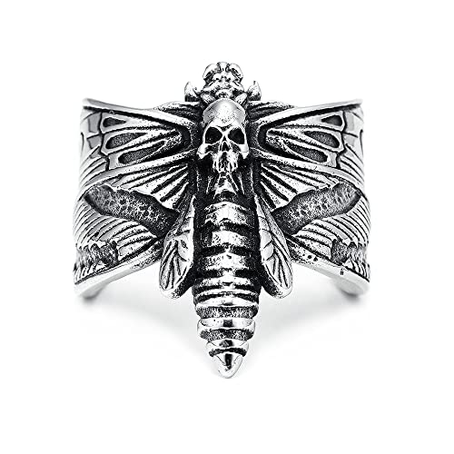 BlackAmazement 316L Edelstahl Ring Totenkopf Schmetterling Totenkopfschwärmer silber schwarz Gothic Biker Herren Damen (57 (18,1)) von BlackAmazement